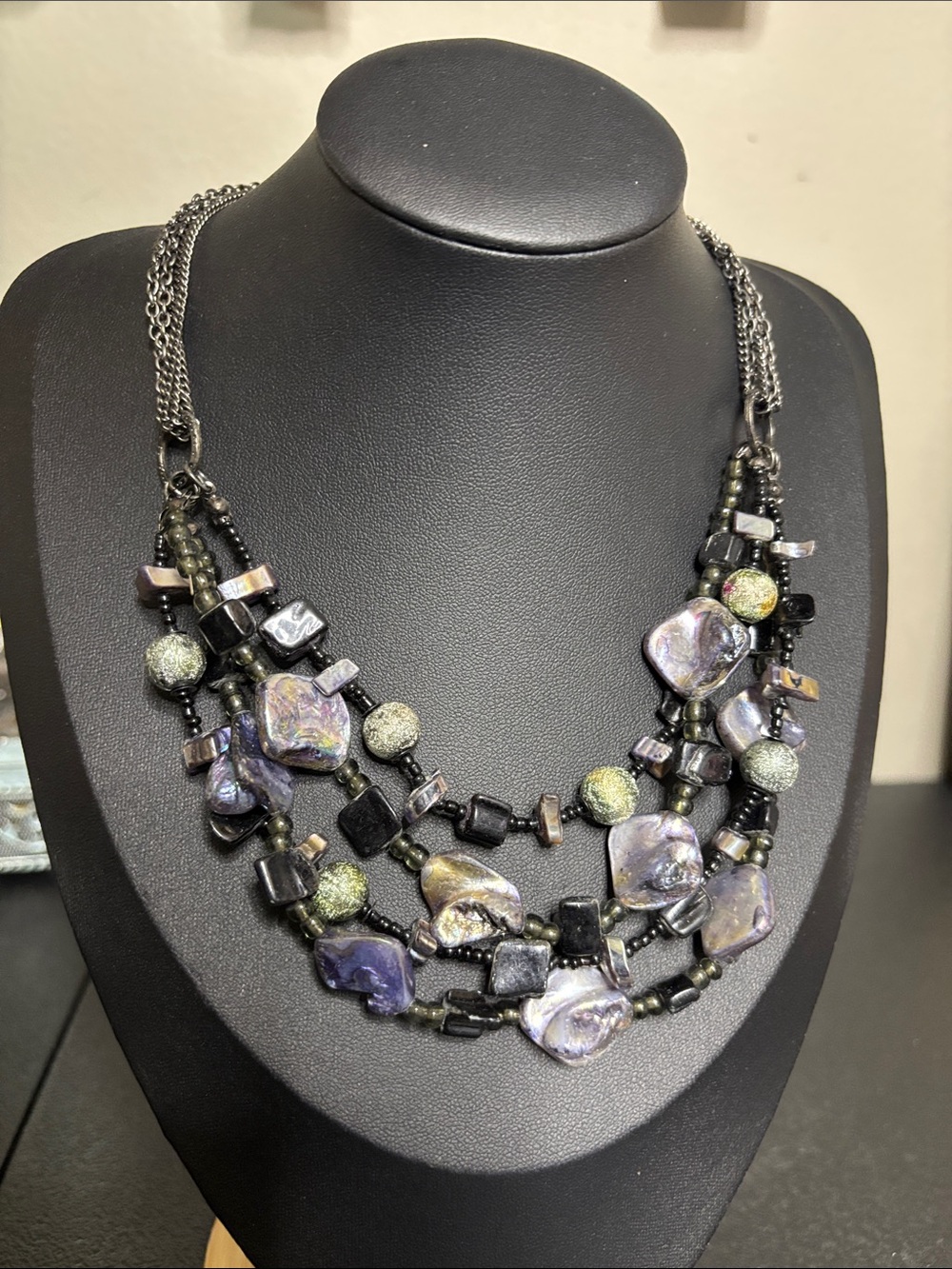 Multi-Strand Multi Media Iridescent Purple Black Shell Chain Beaded Necklace